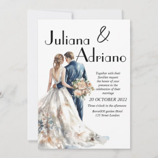 Cute bride groom watercolor wedding card modern