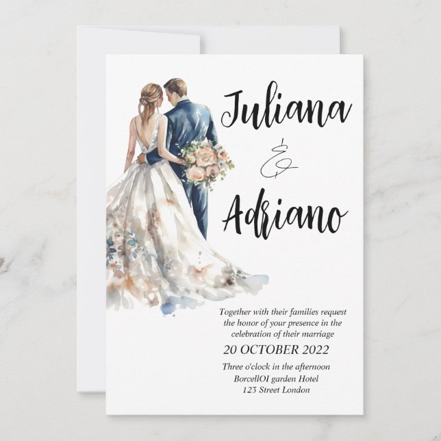 Cute bride groom watercolor wedding card modern (Front)