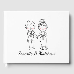 Cute Bride Groom Whimsical Black White Wedding Guest Book