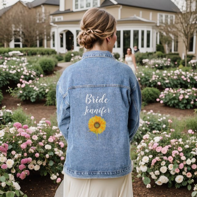 Cute Bride Sunflower Flower Wedding Bachelorette  Denim Jacket (Wedding Back)