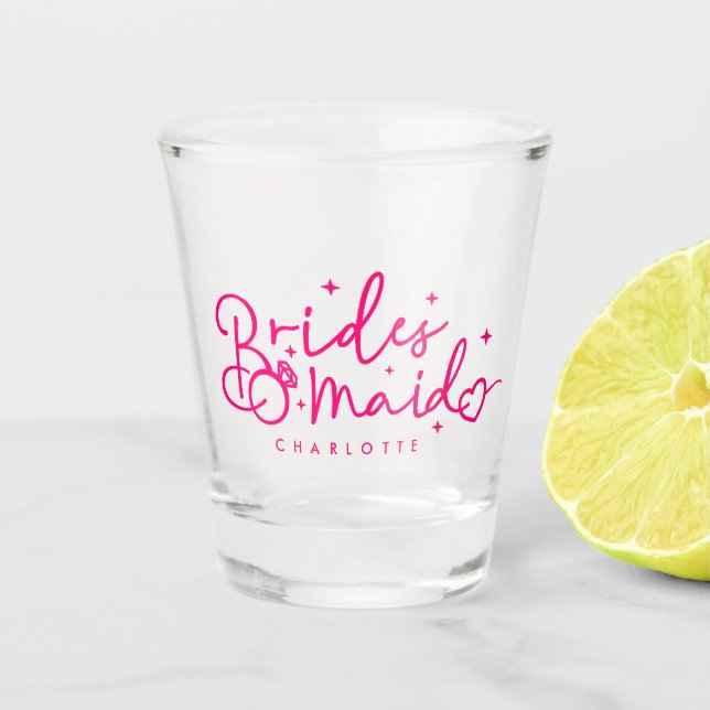 Cute Bridesmaid Script Wedding Party | Pink Shot Glass (Front)