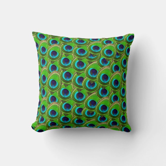 Cute Bright Blue and Green Peacock Print Cushion (Front)