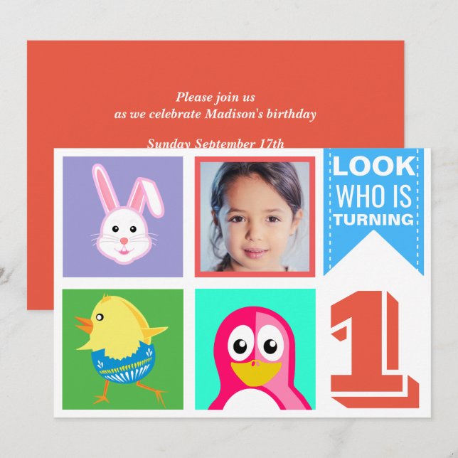Cute Bright Colourful Animals First Birthday Party Invitation (Front/Back)
