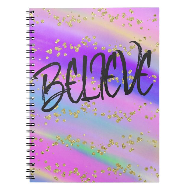Cute Bright Colourful Believe Gold Glitter Notebook (Front)