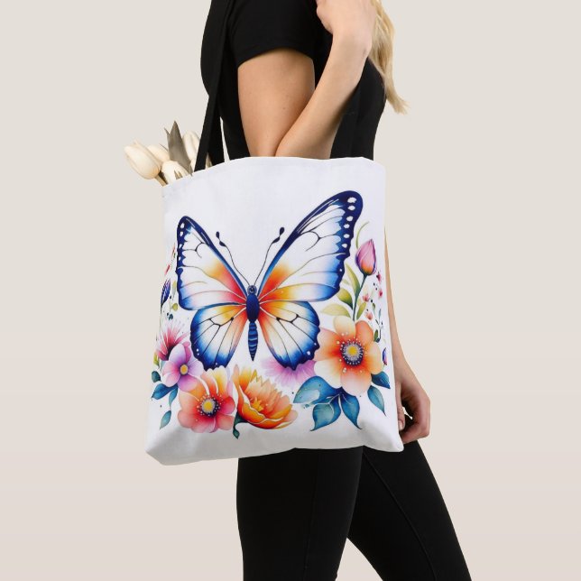 Cute Bright Colourful Floral Butterfly Watercolor  Tote Bag (Close Up)