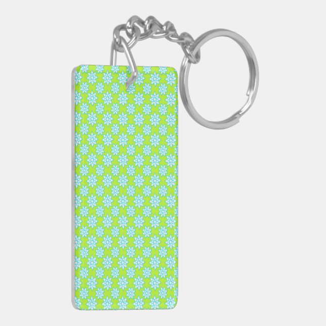 Cute Bright Floral Pattern White Teal Chartreuse Key Ring (Back Left)