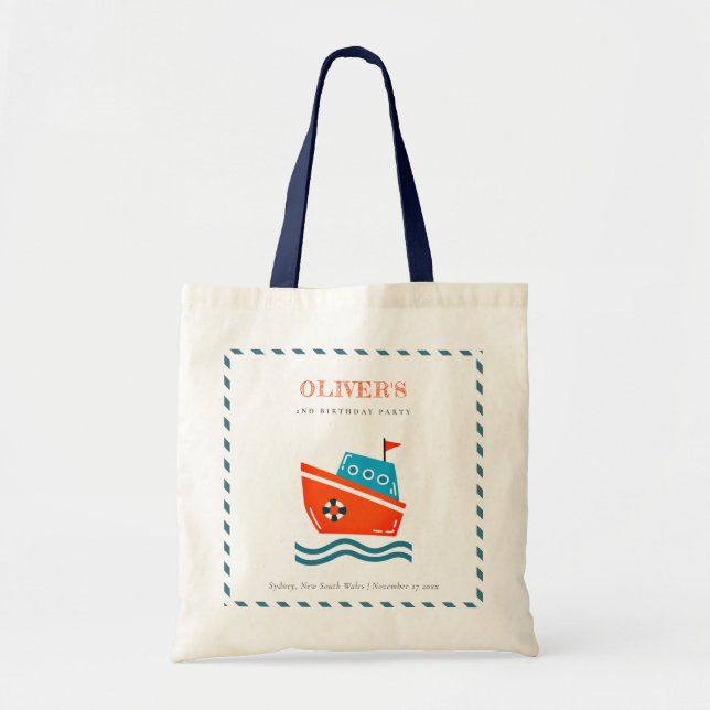 Cute Bright Kids Nautical Boat Any Age Birthday Tote Bag (Front)