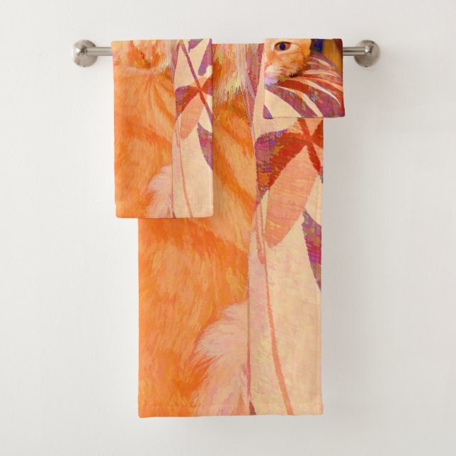 Cute Bright Orange Tabby Cat Bath Towel Set (Insitu)
