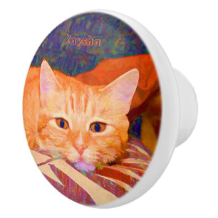 Cute Bright Orange Tabby Cat Ceramic Knob