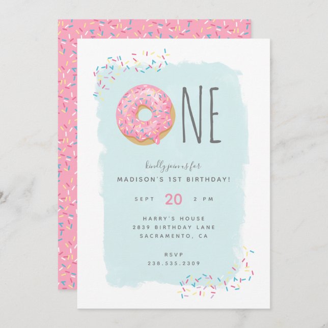Cute Bright Pink Doughnut Sprinkle 1st Birthday Invitation (Front/Back)