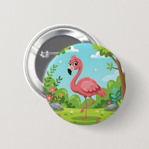 Cute bright pink flamingo in garden 6 cm round badge