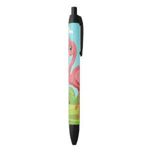 Cute bright pink flamingo in garden black ink pen