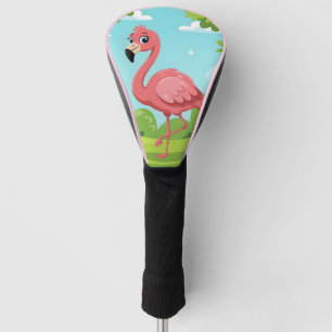 Cute bright pink flamingo in garden golf head cover