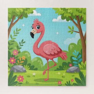 Cute bright pink flamingo in garden jigsaw puzzle