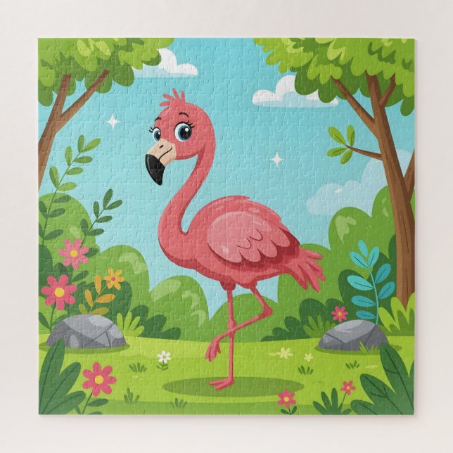 Cute bright pink flamingo in garden jigsaw puzzle (Vertical)