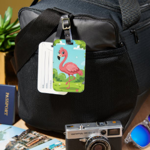 Cute bright pink flamingo in garden luggage tag
