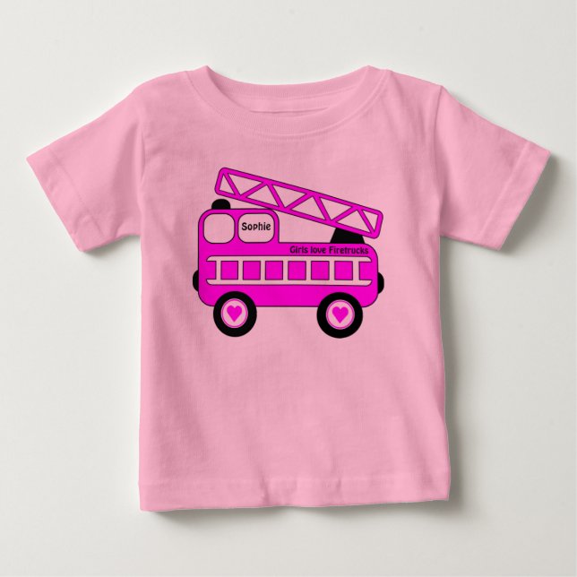 Cute Bright Pink Girls Firetruck Design Baby T-Shirt (Front)