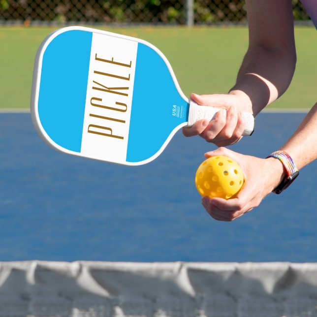 Cute Bright Sky Blue White PICKLE Stripes Text Pickleball Paddle (Insitu)