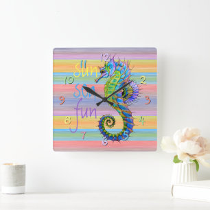 Cute Bright Sunset Colours Artsy Seahorse Square Wall Clock