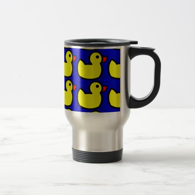 Cute Bright Yellow Rubber Ducky Pattern on Blue Travel Mug (Right)