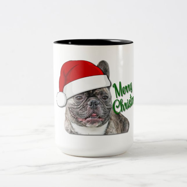 Cute Brindle French Bulldog Puppy Santa Two-Tone Coffee Mug (Center)
