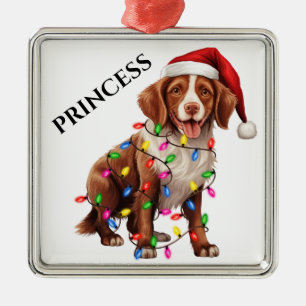 CUTE BRITTANY DOG WITH CHRISTMAS LIGHTS METAL TREE DECORATION