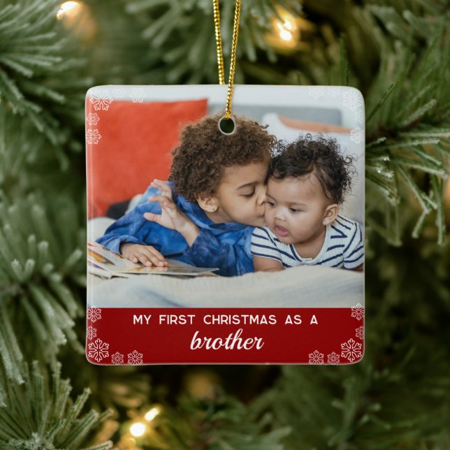 Cute Brother First Christmas Snowflake Red Ceramic Ornament (Tree)