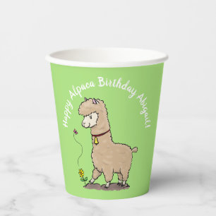 Cute brown alpaca with butterfly birthday cartoon paper cups