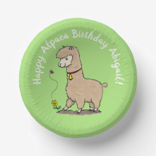 Cute brown alpaca with butterfly birthday cartoon paper plate