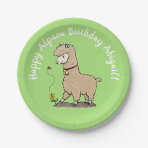 Cute brown alpaca with butterfly birthday cartoon paper plate