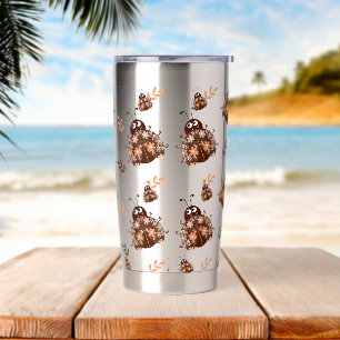 Cute Brown and Beige Ladybug and Flower Pattern Insulated Tumbler