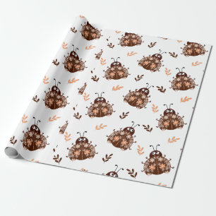Cute Brown and Beige Ladybug and Flower Pattern Wrapping Paper