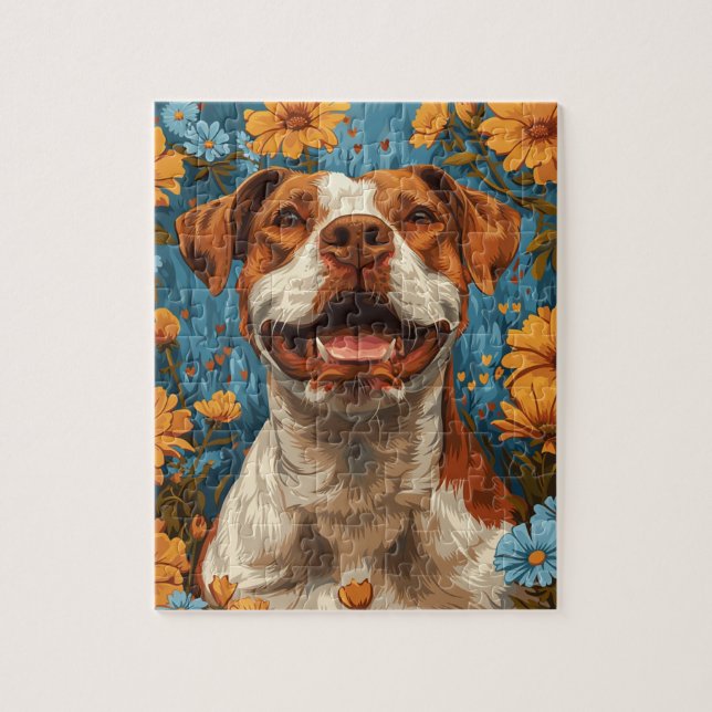 Cute Brown and White Dog and Flowers Jigsaw Puzzle (Vertical)