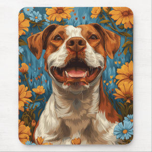 Cute Brown and White Dog and Flowers Mouse Pad