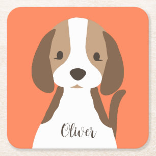 Cute brown and white dog portrait square paper coaster