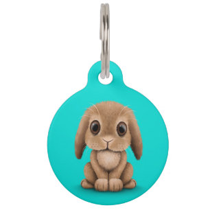 Cute Brown Baby Bunny Rabbit on Blue Pet Tag