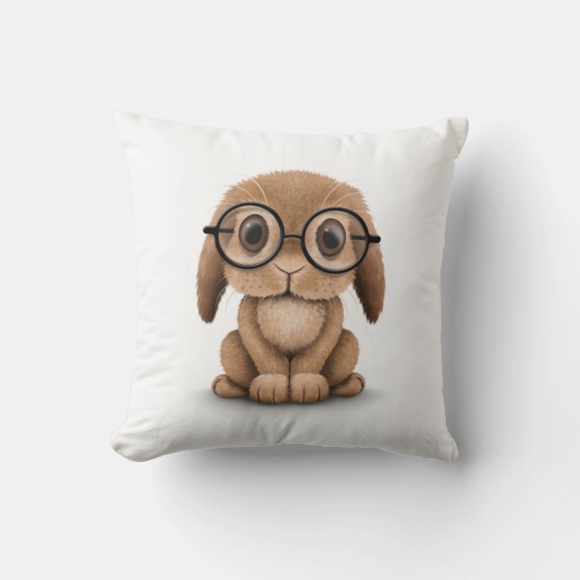 Cute Brown Baby Bunny Wearing Glasses on White Cushion (Front)