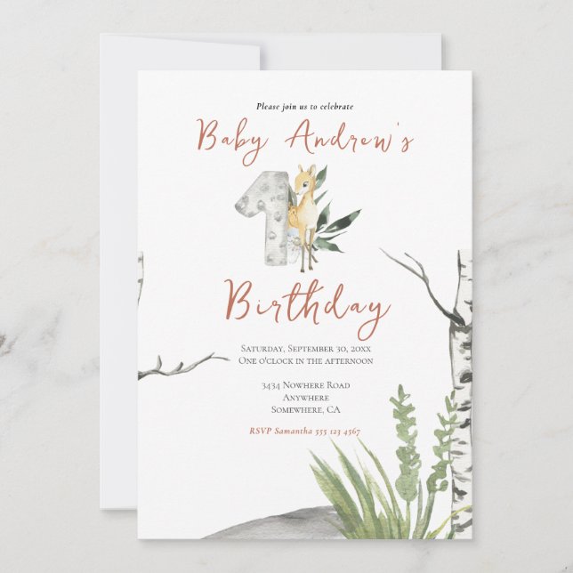 Cute Brown Baby Deer Watercolor 1st Birthday Invitation (Front)