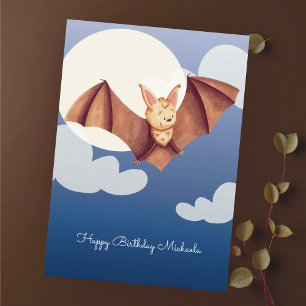 Cute Brown Bat Cartoon Personalised Happy Birthday Card