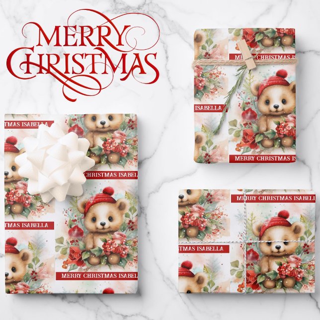 Cute Brown Bear Add Name Christmas 3 Wrapping Paper Sheet (Creator Uploaded)