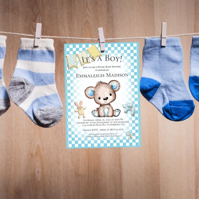 Cute Brown Bear Baby Boy Picnic Baby Shower Invitation (Creator Uploaded)