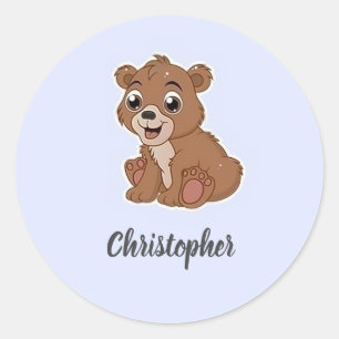 Cute brown bear blue classic round sticker