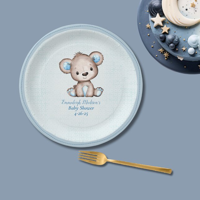 Cute Brown Bear Boy Plaid Blue Paper Plate (Creator Uploaded)