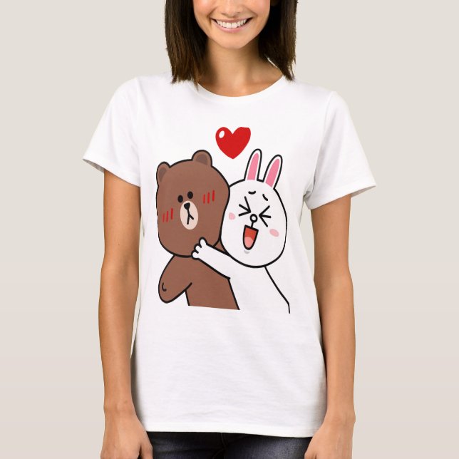 Cute Brown Bear Cony Bunny Rabbit Lovers In Love H T-Shirt (Front)