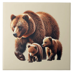 Cute brown bear family country cabin lake house tile