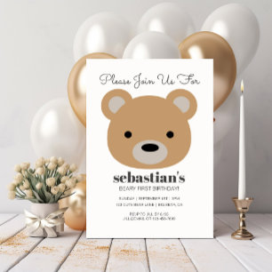 Cute Brown Bear First Birthday Image Invitation
