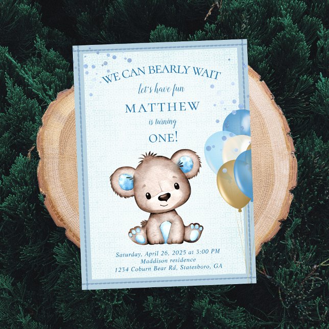 Cute Brown Bear For Boy First Birthday Invitation (Creator Uploaded)