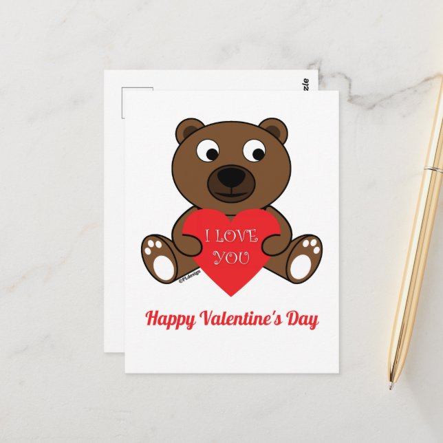 Cute Brown Bear Heart I love You Valentines Day Postcard (Front/Back In Situ)