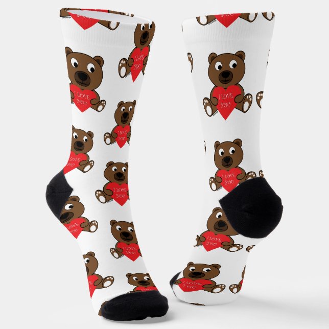 Cute Brown Bear Heart Love Valentine pattern white Socks (Angled)