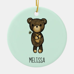 Cute Brown Bear Holding a Yellow Flower Custom Ceramic Tree Decoration